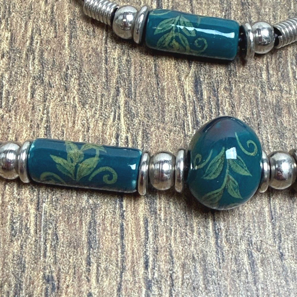 1990s Ceramic Bead Necklace and Bracelet Set Women OS Teal Black